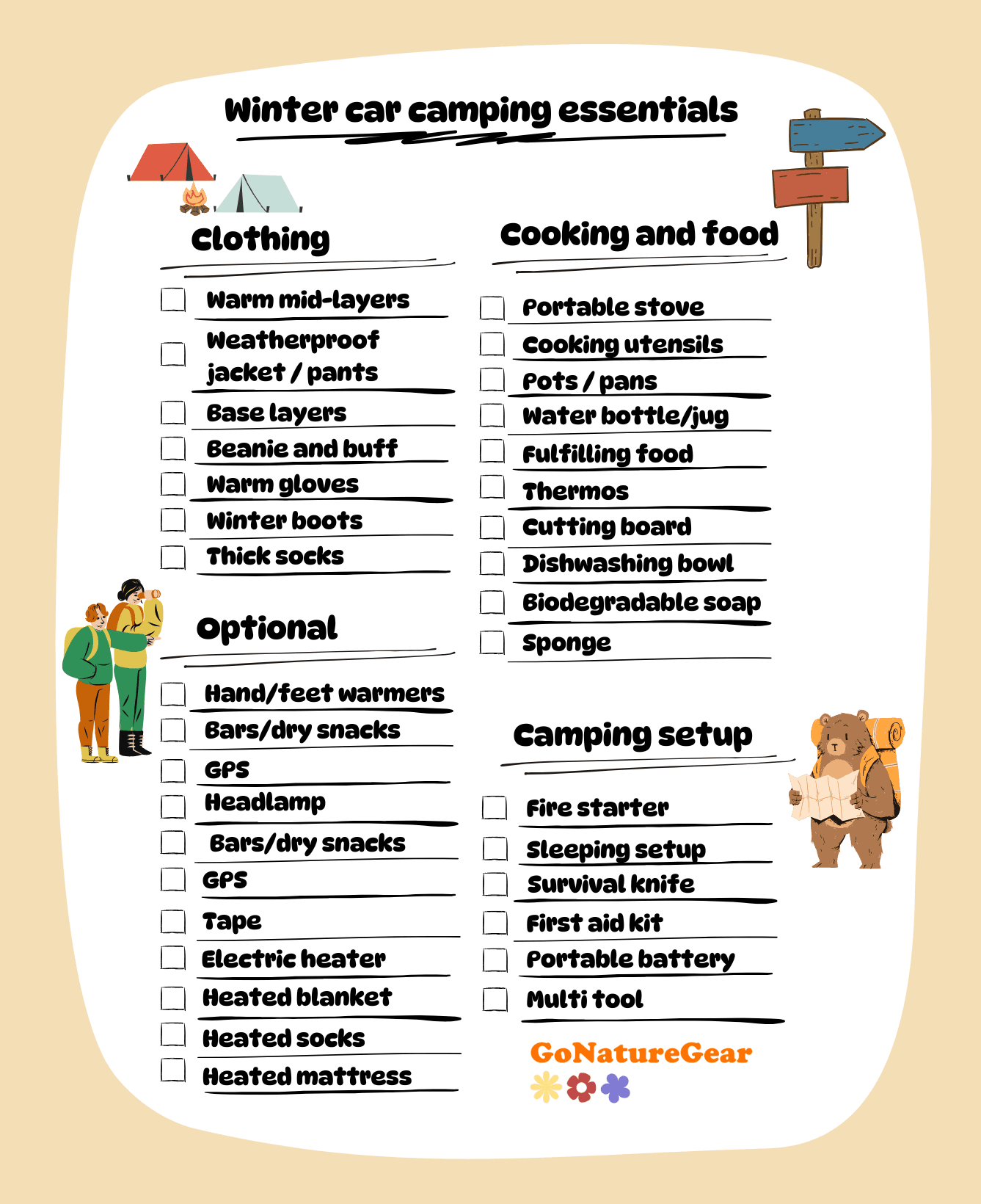 A list with winter car camping essentials